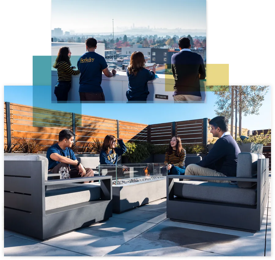 Group of Cal students enjoying rooftop views from their apartment building